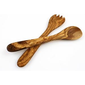 Olive Wood Salad Server Set - 12 Inch Wooden Tongs - Rustic French Style