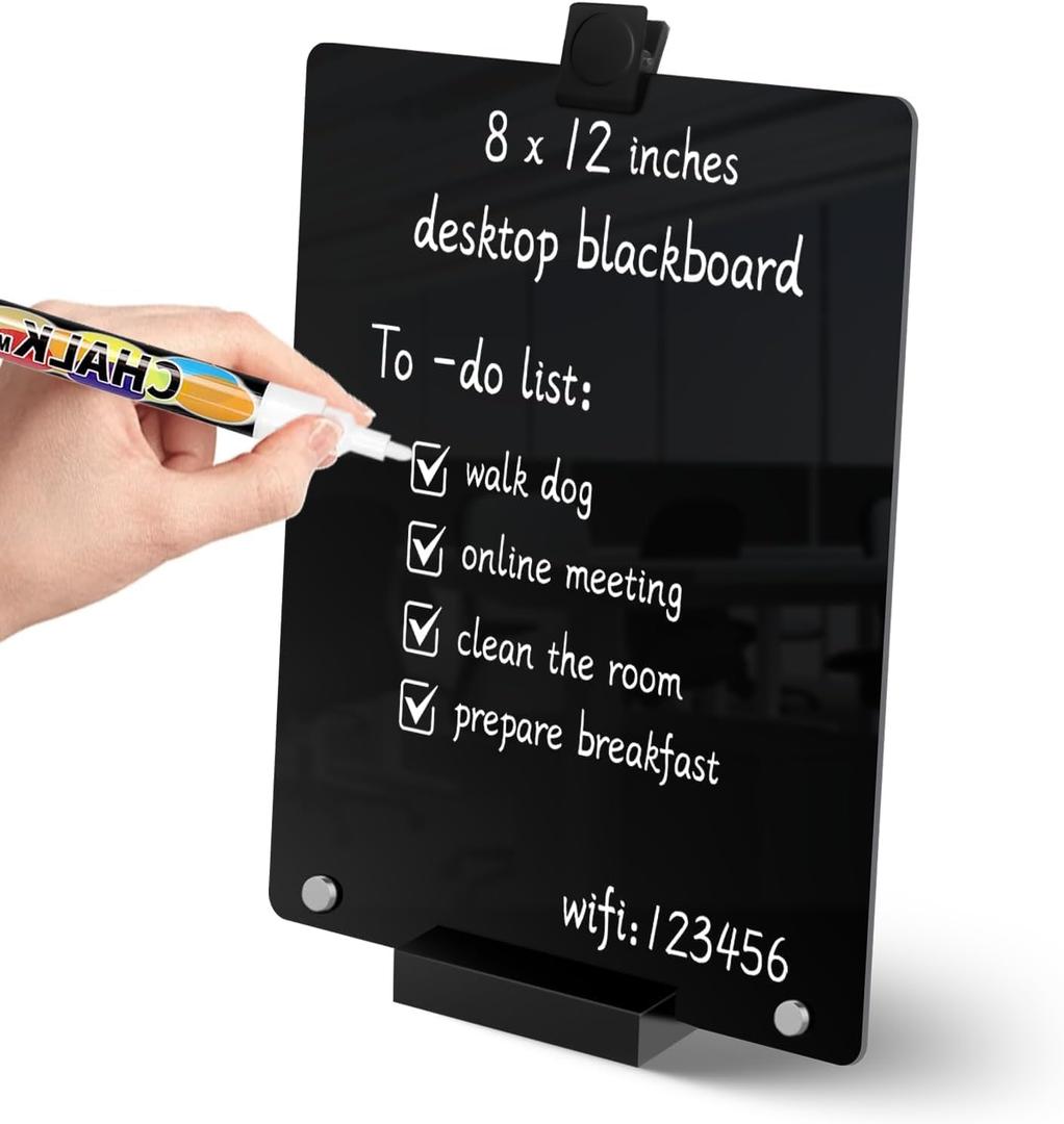 Acrylic Black Dry Erase Board with Stand - 12 x 8 Small Desktop Whiteboard with Marker, Reusable Desk Blackboard, to-Do List, Planner, Memo Clipboard, Menu Board for Office, Home, Bar (A4-1P)