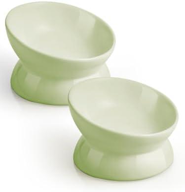LoeJan Elevated Cat Food Bowl, 5 Oz Ceramic Raised and Tilted Water Bowl, Anti Vomiting and Protect Pets' Spines Dishes for Small Dog, Fat Faced Cat, Kitten (Green, 1 Pack)