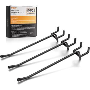 INCLY 60 Pack 6 Inch Black Pegboard Hooks, 1/4" Heavy Duty Peg Board Shelving Hooks Accessories, Peg Board Tool Hangers Only Fit 1/4" Pegboard Hanging Tools Garage, Craft Organizing, Kitchen, Store