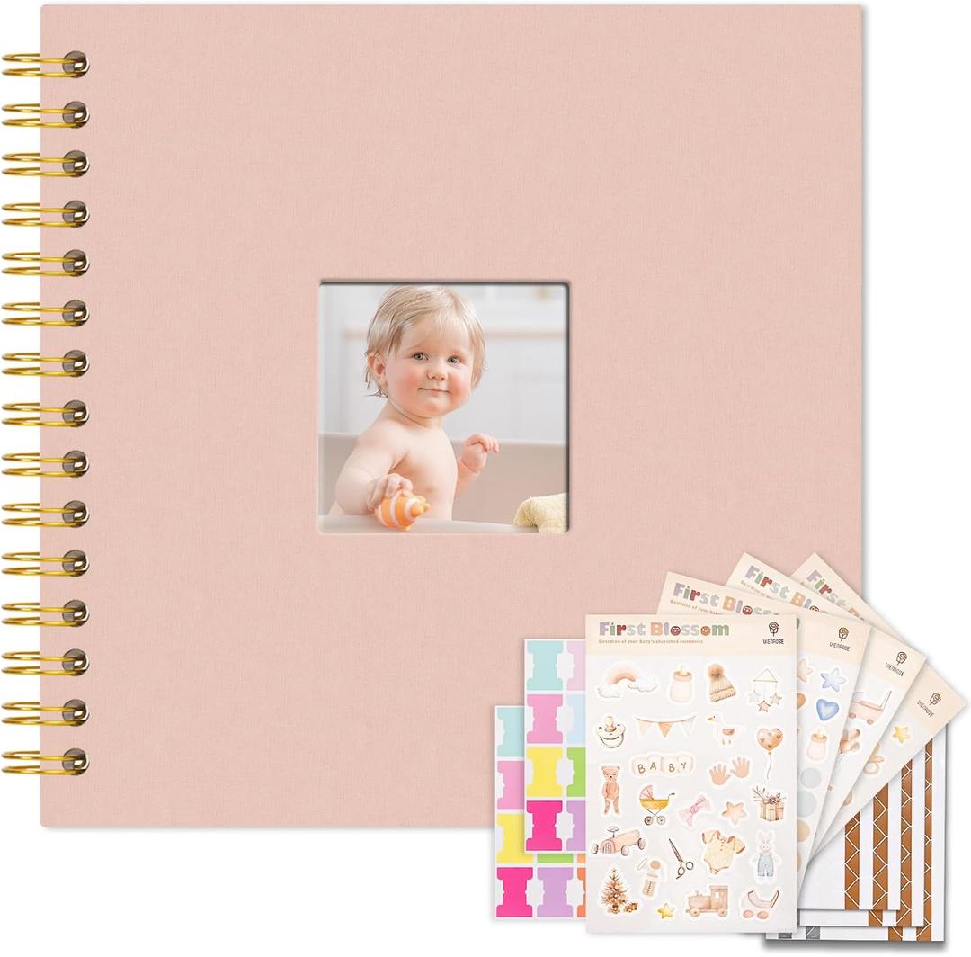 Vienrose Kids Scrapbook Album 8.5"X8.3" with Window Silk Fabric Cover Acid-Free Pages Personalised DIY Photos Scrapbooking for Baby Memory Book, First Year Keepsake Journal Gift Boy Girl, Pink