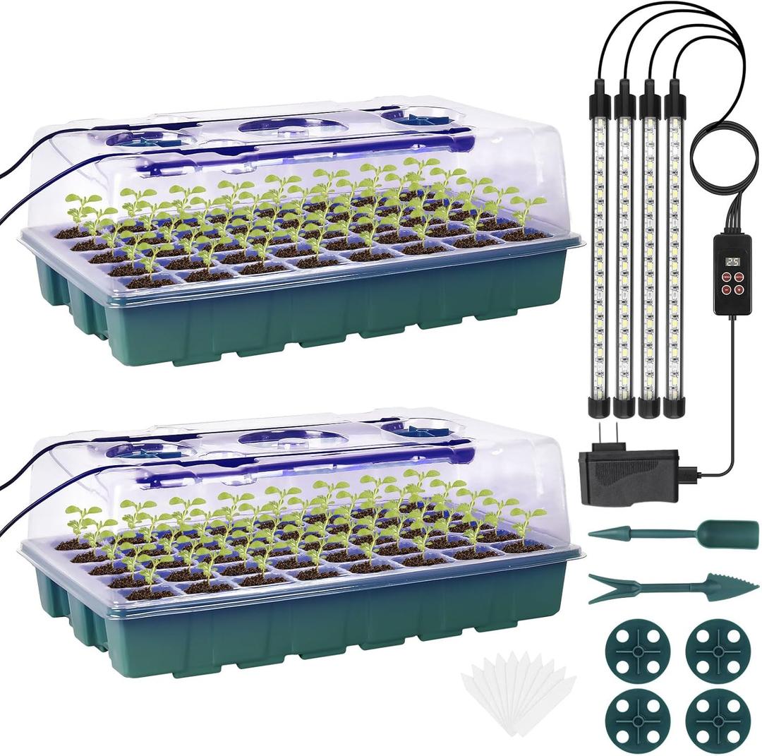 Sondiko Seed Starter Tray with Grow Light, Intelligent Display Digital Controller, 80 Cells Seed Starter Kit with Humidity Dome, Adjustable Brightness Indoor Plants Germination Kit(2 Pack) (Dark Green)