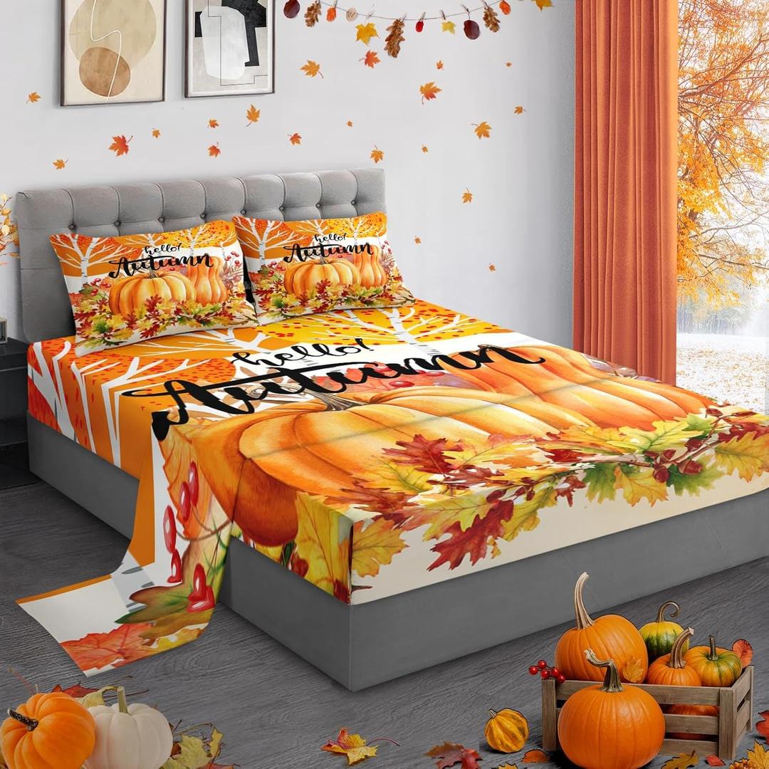 Queen Size Fall Bed Sheet Sets, Hello Autumn Pumpkin Soft Microfiber 4 Pcs Bedding Sets for Kids and Adults Bedroom Bed Decor, Harvest Tree, Fitted Sheet and 2 Pillowcases Queen Size Fall Bed Sheet Sets, Hello Autumn Pumpkin Soft Microfiber 4 Pcs Bedding Sets for Kids and Adults Bedroom Bed Decor, Harvest Tree, Fitted Sheet and 2 Pillowcases