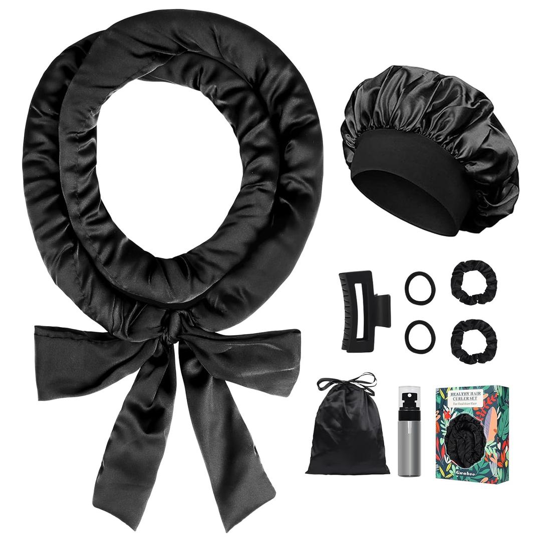 Gwabee Satin Heatless Curls Overnight Hair Curlers to Sleep In Hair Curler Rollers No Heat Hair Wrap for Curls Headband, 70" Satin Heatless Curling Rod Set for Women Long Waves Hair Volume Black 9PCS