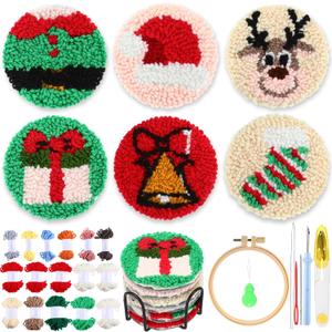 Yaomiao 6 Pcs Christmas Punch Needle Coaster Kit Punch Needle Embroidery Kits Craft Supplies with Patterns Yarns Tools Adhesive Felt Embroidery Hoop Instruction Holder for Adult DIY