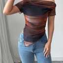 Women's Off The Shoulder Tie Dye Ombre Mesh T Shirt Short Sleeve Asymmetrical Ruched Crop Tops (Brown, S)
