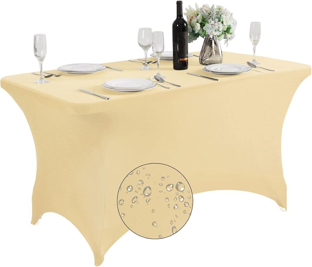 SuperO Waterproof Spandex Table Cover for 4FT Table Universal Fitted Stretch Tablecloth for Party, Banquet, Wedding and Events-Champagne (48" x 28.8" (Rectangular))