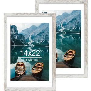 14x22 Picture Frame Set of 2, Distressed White Wood Style - Display 14 x 22 Picture without Mat or 12x18 Picture with Mat, Wall Mounting Horizontal and Vertical