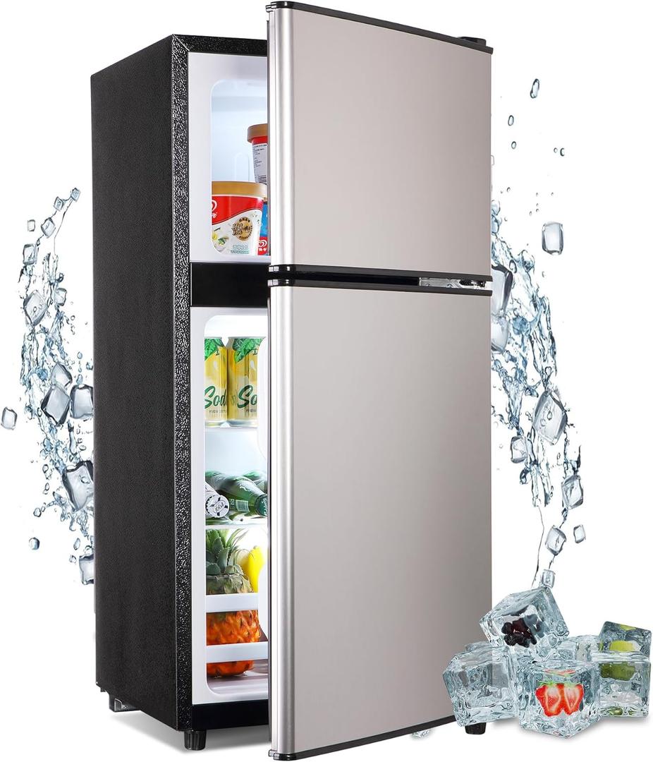 FLS-90-SILVER Mini Refrigerator 4.0, Small, Adjustable Thermostat Compact Fridge with Freezer for Apartment, Dorm, Kitchen, Office, Silver, 3.6 Cu. Ft