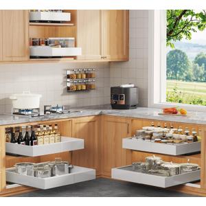 Seinloes 6 Pack Expandable Pull Out Cabinet Organizer 21"Deep With Raising Pad for Framed Cabinets,Upgrade 3 Slide Rails Slide Out Drawers,No Drill Roll Out Shelves,Adjustable Width 12.1"-20.4" White