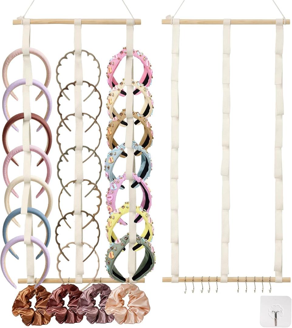 3 PCS Headband Holder Organizer for Girls, Hanging Hairband Storage, White Hairband Display with Wooden Stick, 10 S-Shaped Hooks & Adhesive Hook, Hair Accessories Organizer for Bedroom, College Dorm