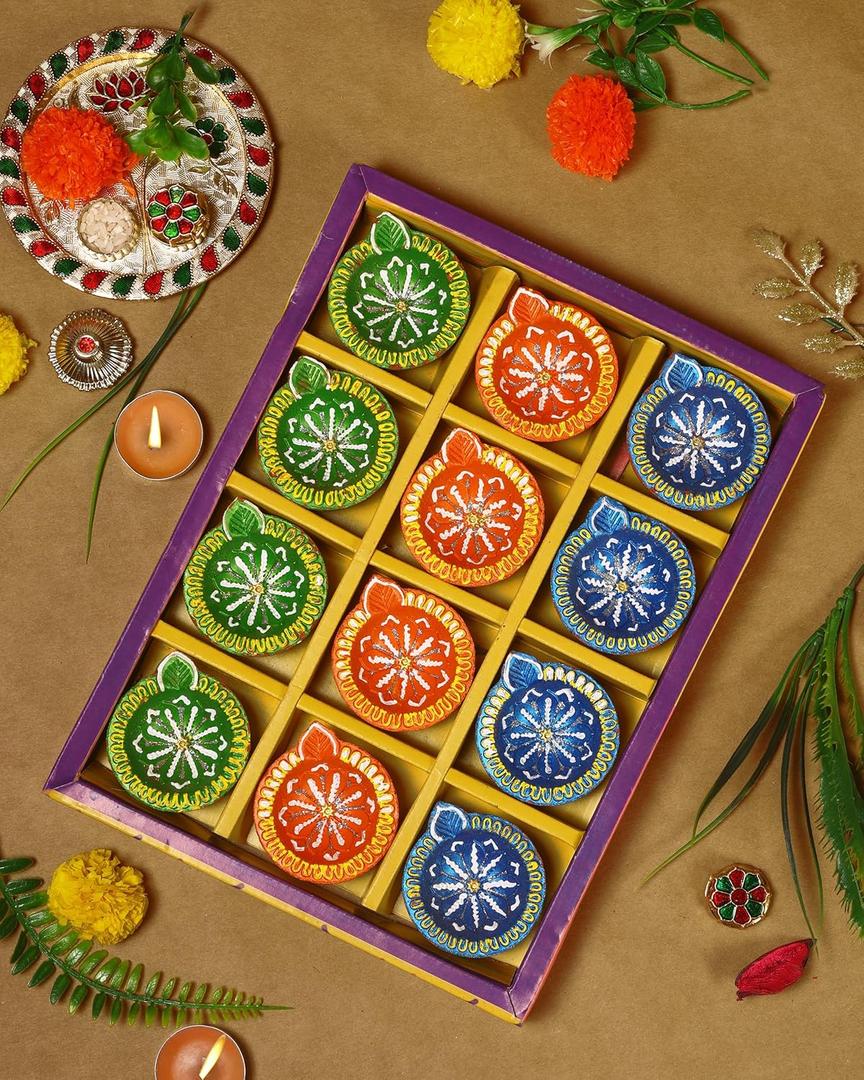 Handmade Terracotta Set of 12 Clay Diya for Diwali/Navratri Decorations Oil Lamp Tea Light Holder | Indian Festival Diyas for Pooja & Diwali Decorations Clay Diya (Multicolor)