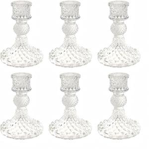 Glass Candlestick Holder,Striped Taper Candle Holders,Set of 6 Candle Stand for Table Centerpieces, Home Decor,Weddings,Festival and Parties (Clear Dimond Pattern)