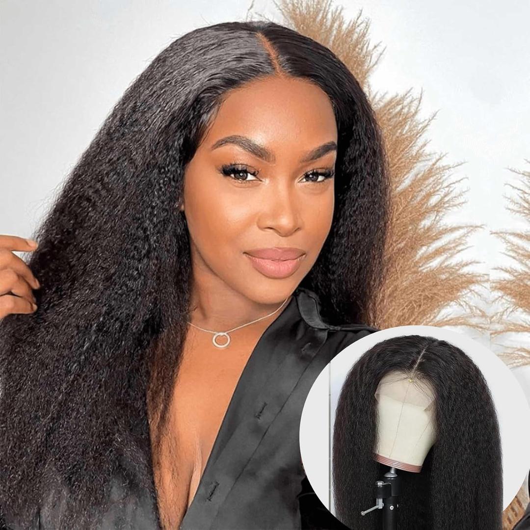 Kinky Straight Human Hair Wig 4x4 Transparent Lace Closure Kinky Straight Wigs 150% Density Yaki Human Hair Wigs Glueless Pre Cut Lace Natural Black (12inch)