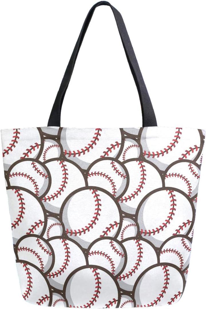 Chic Extra Large Shoulder Grocery Tote Bag, Stylish Baseball Balls Pattern Canvas Reusable Handle Bags for Men Women Gym Weekender Picnic Beach Travel Home Storage Market Shopping