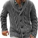 Mens Cable Knit Cardigan Sweater Shawl Collar Loose Fit Long Sleeve Casual Cardigans, Large, Grey