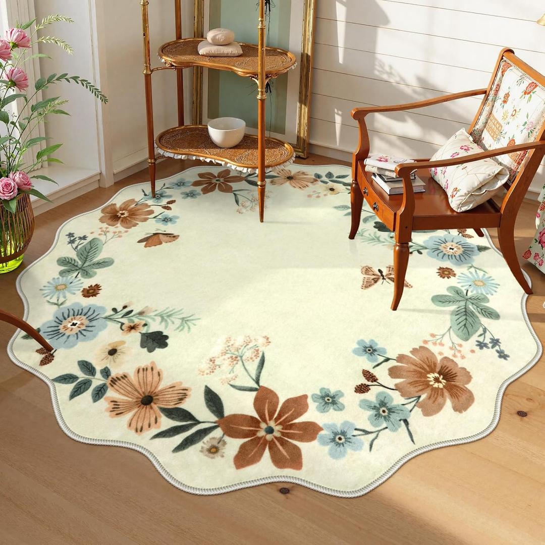 Lahome Floral Washable Round Area Rug, Round Rug 5ft Soft Non-Slip, Non-Shedding Boho Circle Carpet for Bedroom Living Room Bathroom Nursery Kitchen Flore, Beige