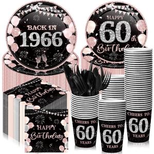 240 Pcs 60th Birthday Decorations Birthday Party Tableware Include Plates Napkins 9oz Cups Cutlery Anniversary Dinnerware Party Supplies for Men Women Him Her, Serve 30 Guests(Black Pink)