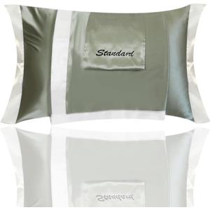 Satin Pillowcase Set, Silky Pillow Covers for Hair and Skin, White Tailored Edge with Envelope Closure, Cooling Pillowcases for Hot Sleepers, Pack of 2 with Extra Storage Bag(Green, 20"x26")