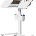 35" Small Glass Mobile Standing Desk, Portable Laptop Cart with Storage & 90 Tilt, Height Adjustable, Rolling Whiteboard on Wheels for Office Home School, White