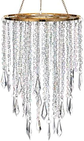 Cioceen Acrylic Chandelier Ceiling Light Shade Beaded Hanging Pendant Lampshade with Gold Frame for Bedroom for Wedding Party H12.9" X W8.7" 3 Tiers
