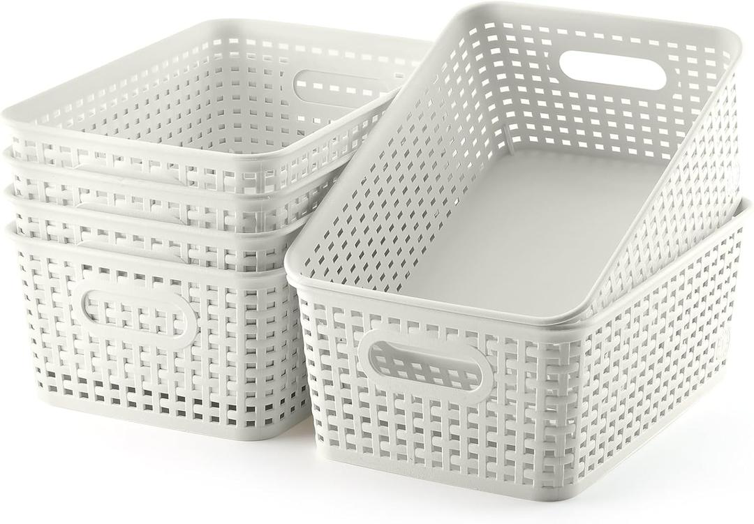 Plastic Storage Baskets Set of 6 Sturdy Pantry Organizers and Storage Bins Storage Container for Shelves, Countertops, Desktops, Cabinets, Bedrooms,White