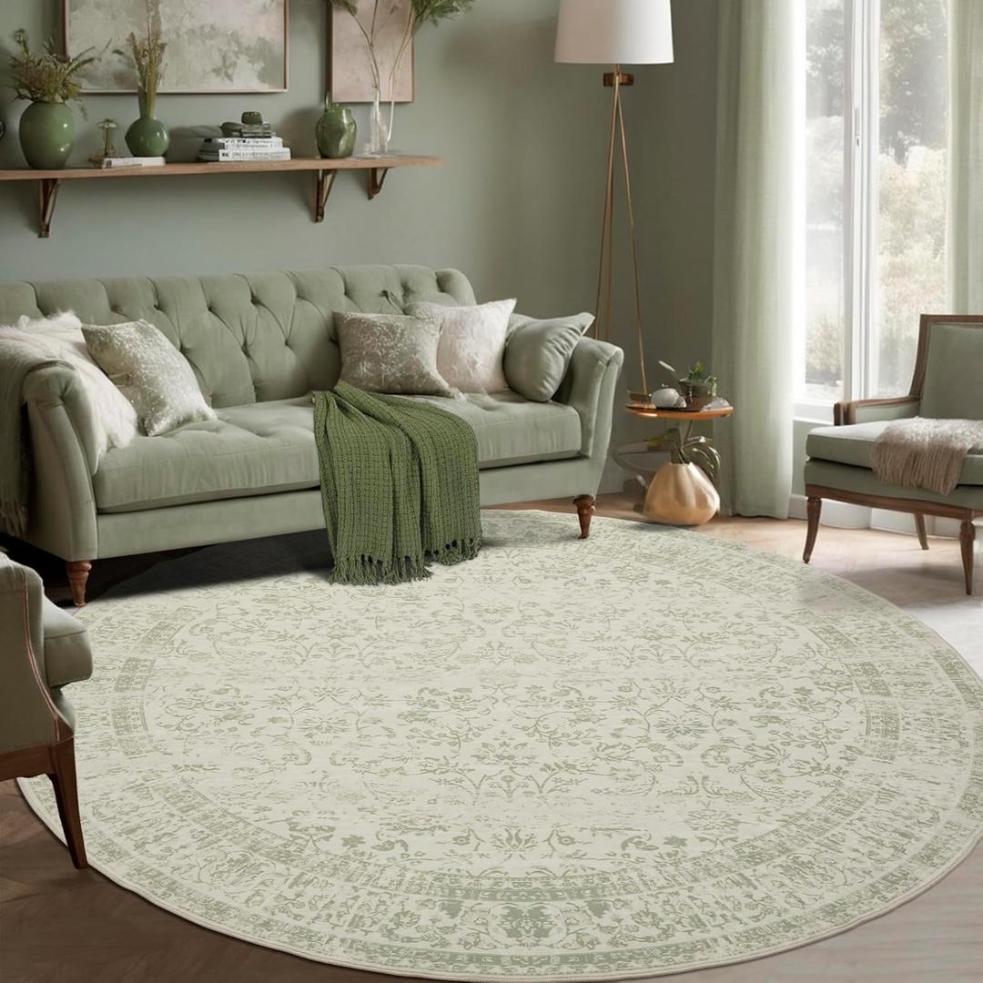 Kitchen Living Room Bedroom Dining Room 5' Round Vintage Rug Indoor Floor Cover Floral Print Sage Green Circle Rug 5' Round