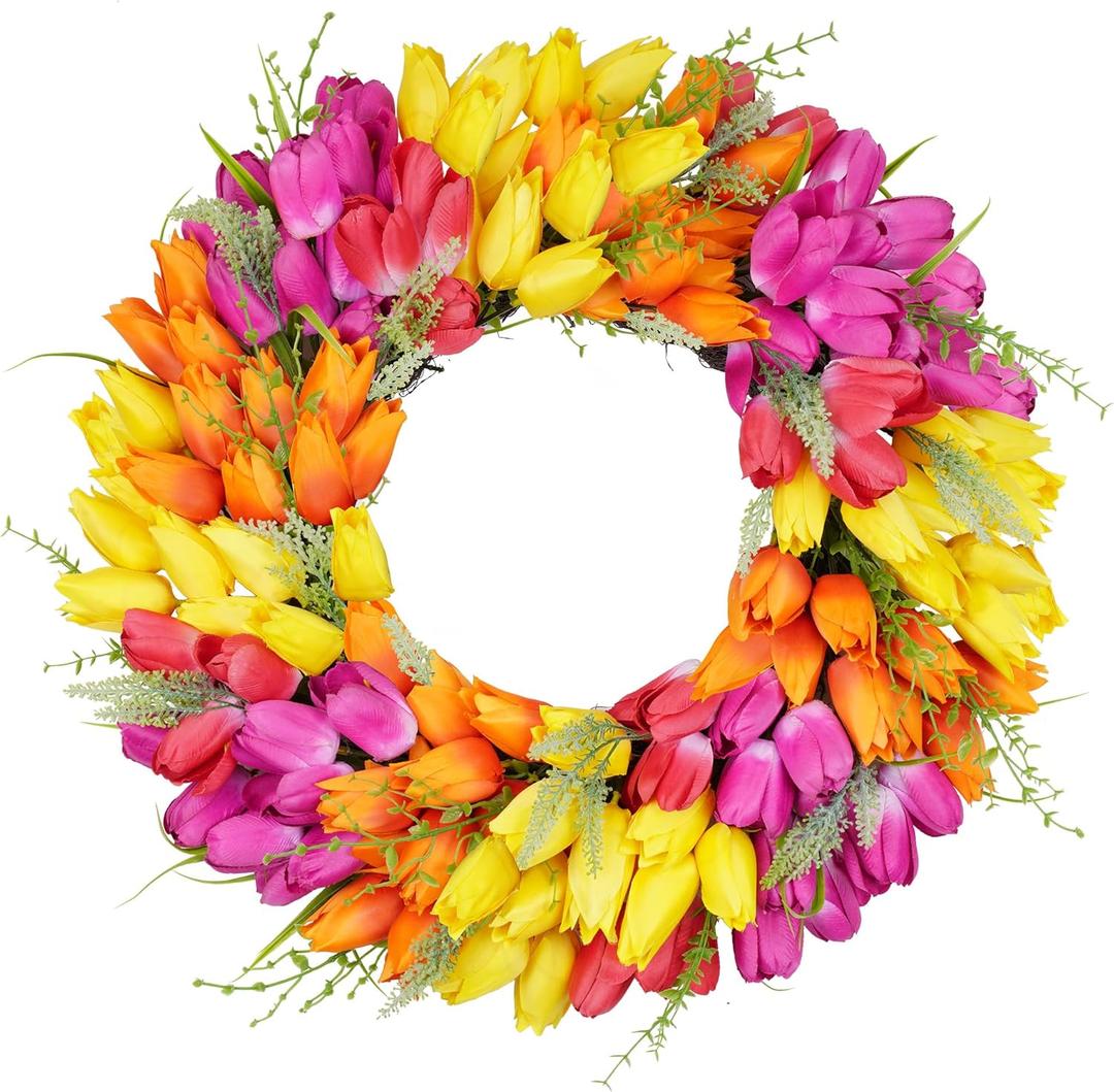 Vlorart Tulip Wreath for Front Door, 23 Inch Artificial Spring Summer Wreaths for Outside All Season with Green Leaves and Purple Flowers, Door Wreath for Farmhouse and Wedding Party Outdoor Decor