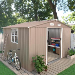 108FT Outdoor Storage Shed with Window,Large Metal Tool Shed with Lockable Door and Rainproof Sloped Roof, Garden Shed for Backyard, Patio, Brown