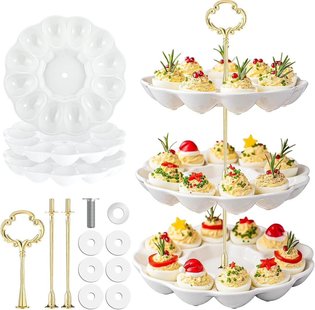 Potchen Multi Tier Ceramic Deviled Egg Platter Deviled Egg Tray Container, Detachable Eggs Holder Tower Wedding Party Food Container for Kitchen Countertop Microwave Dishwasher Freezer(Flower,3 Tier)