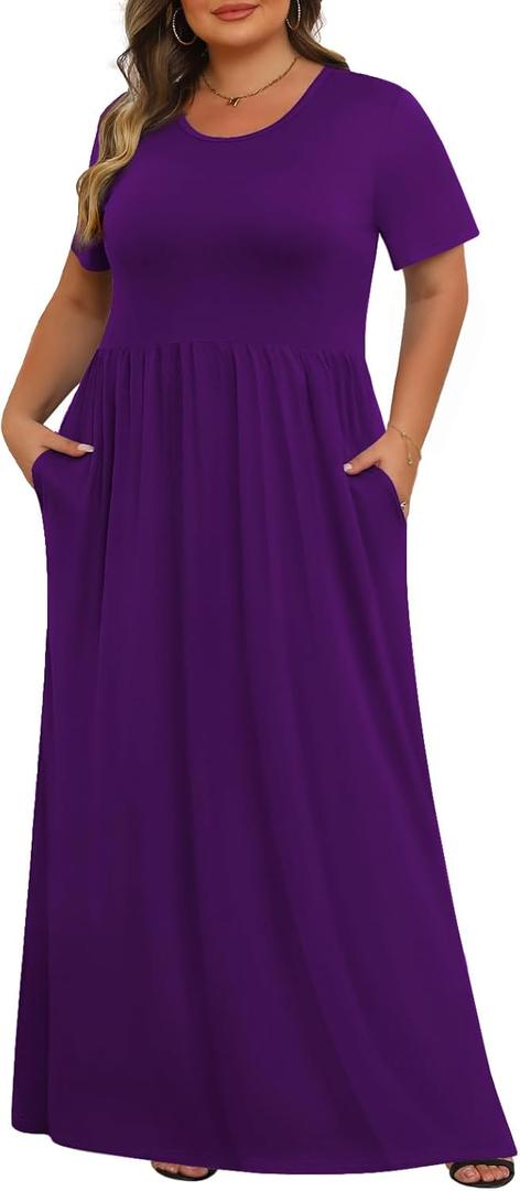 Tencede Womens Plus Size Maxi Dresses Summer 2025 Casual Short Sleeve with Pockets Long Dress 1X-5X (3X-Large, Dark Purple)