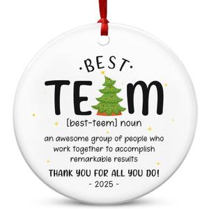 TEEZWONDER Best Team Ever Gifts - Ceramic Christmas Ornaments 2025 with Card for Christmas Tree Decorations - Office Group Gifts for Coworkers Employees Friends, Appreciation Thank You Gift Ideas