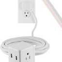 Cordinate Cube Extension Cord, 10Ft, 3-Outlet Flat Plug Extension Cord, Cube Extension Cord with Multiple Outlets, 3 Prong Cube Extension Cord, 2 USB Ports Braided Extension Cord, Gray/White, 55356