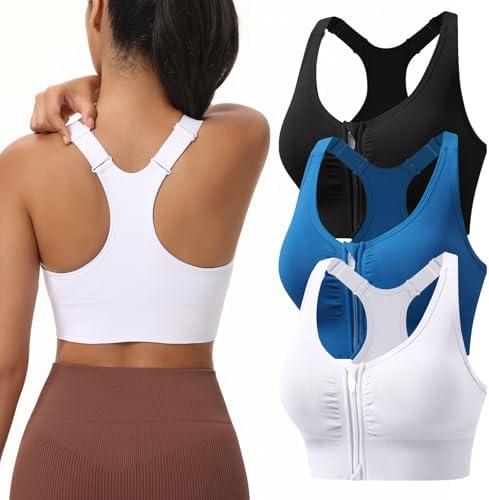 Zip Front Sports Bras for Women Adjustable Racerback Medium Support Bras Padded Post-Surgery Bras Seamless Yoga Athletic Bra (M, 3 Pack Black White Blue)