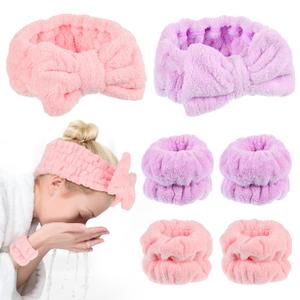 6 Pieces Face Wash Headband and Wristband Set Spa Headband and Wrist Towels for Makeup Skincare Headbands Wrist Bands for Washing Face, Purple and Pink