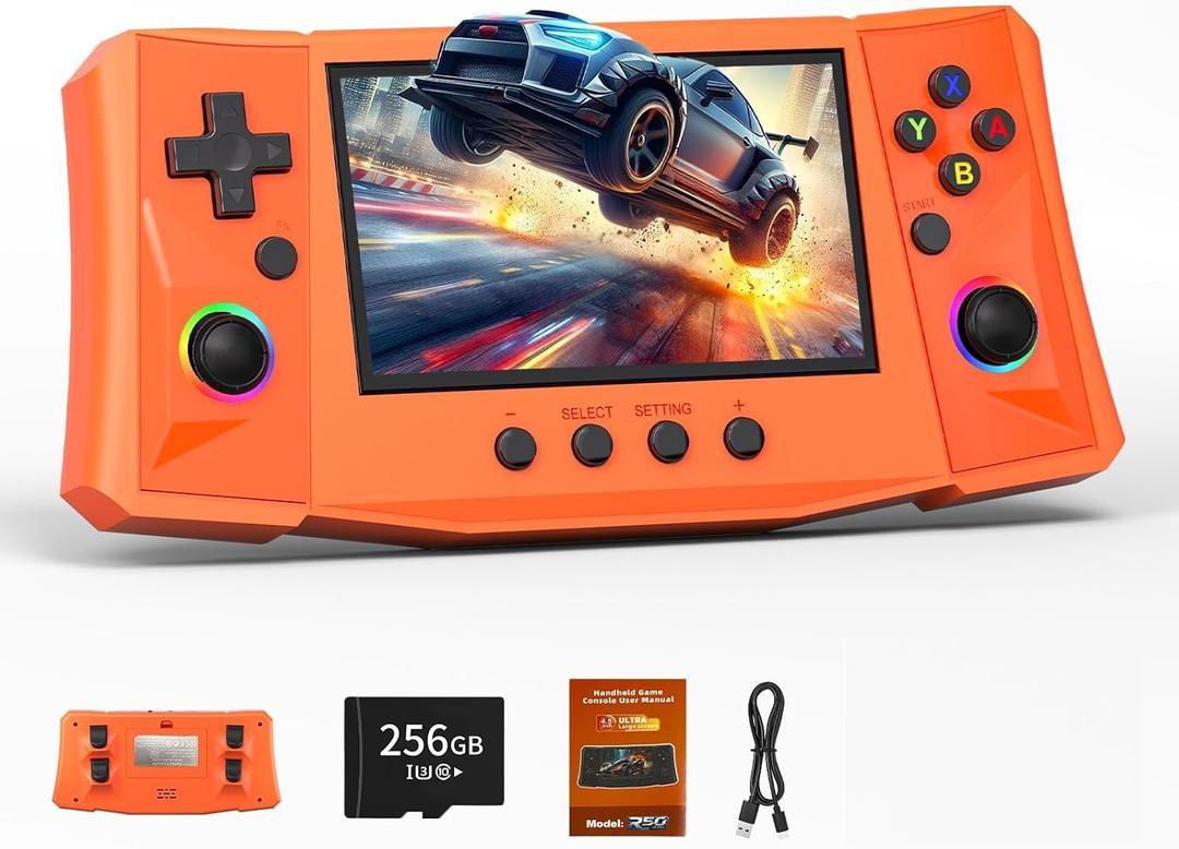 RegiisJoy R50 Ultra 50000 in 1 Handheld Game Console, 4.5 Inch IPS Screen Retro Gaming Consoles Main Emulators, Portable Mini Pocket Arcade 4000mAh Battery,256G TF Card, Linux System (Orange)