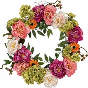 24in Peony Wreaths for Front Door, Large Spring Summer Floral Door Wreath with Hydrangea, All Year Round Colorful Flower Wreath for Farmhouse Wall Welcome Indoor Outdoor Decor (Twig Base)