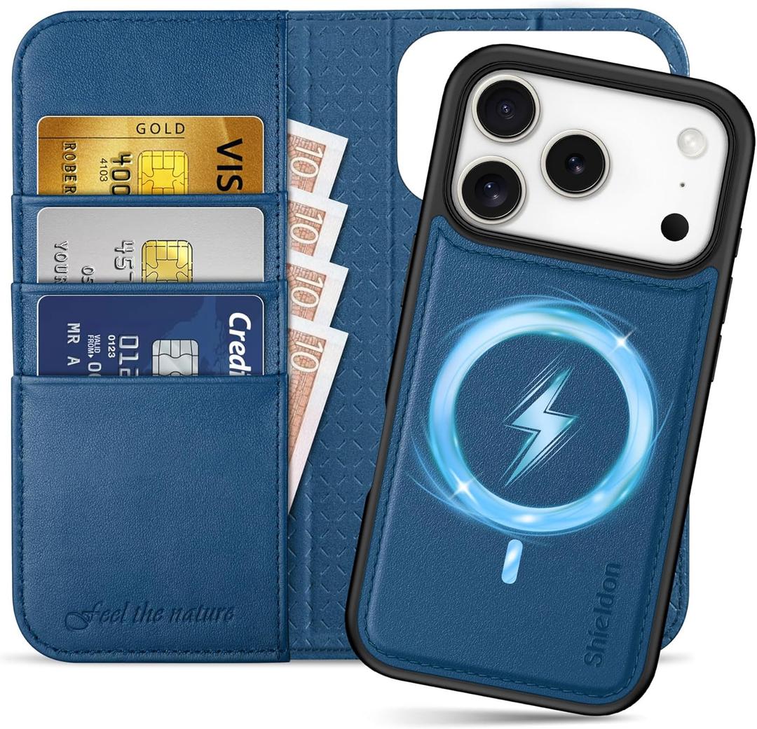SHIELDON Detachable Wallet Case for iPhone 17 Pro 6.3-inch | Genuine Leather, 2 in 1, Wireless Charging, RFID Blocking Card Holder, Kickstand, Folio, Magnetic, Shockproof Interior Cover - Royal Blue
