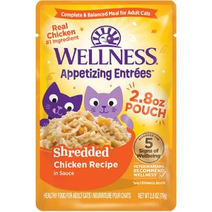 Wellness Appetizing Entres Shredded Adult Wet Cat Food, Natural, Protein Rich, Grain Free, Chicken Recipe, 2.8 oz, Pack of 8 Pouches (EXP 04/10/27)