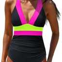 popvil One Piece Swimsuit Women 2025 Tummy Control Neon Color Block Bathing Suit Deep Vneck Tie Back Swim Suits Beach.L