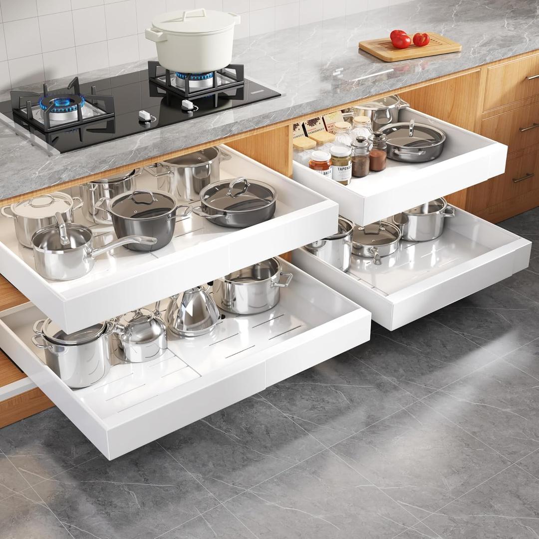 4 Pack Expandable Width (15.15"-26.3") Pull Out Cabinet Organizer 21" Deep with Raising Pad for Framed Cabinets, Upgrade 3 Slide Rails Slide Out Drawers, Roll Out Shelves Adhesive, White
