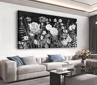 Large Wall Art for Living Room Decor Framed Art Plant Black and White Flowers Canvas Pictures Modern Artwork Botanical Canvas Prints for Bedroom Kitchen Home Office Wall Decor 20" x 40"