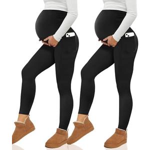 Happy.angel 2 Pack Maternity Fleece Lined Leggings Over The Belly, Womens Black Workout Yoga Pregnancy Pants with Pockets, Black, M