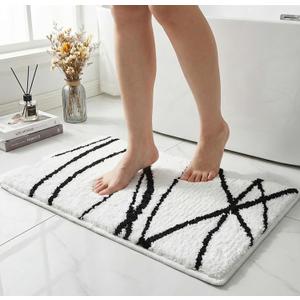 Tititex Luxury White Black Curve Line Bathroom Rug, 16x24 inch Extra Soft and Absorbent Microfiber Bath Rugs, Non-Slip Plush Shaggy Bath Carpet, Bath Mats for Bathroom Floor, Tub and Shower