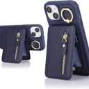 Detachable Magnetic Case for iPhone 14 Plus, 2-in-1 System with Zipper Card Wallet & Built-in Phone Grip - Magsafe Compatible PU Leather Cover - Blue