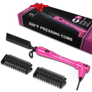 Mini Pink Hot Comb 500 Degree, Dual Voltage Electric Pressing Comb for Black Hair, Portable Ceramic Straightening Comb, Anti-Scald Plug in Hot Comb Straightener for Wigs, 4C Hair & Beard