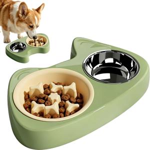 Slow Feeder Dog Bowls, Stainless Steel Water Bowl, Slow Eating Dog Bowls Breed Set, Slow Feeder Dog Puppy Bowls Anti-Choking for Medium Small Breed Size Dogs and Cats, Green