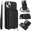 Phone Case for iPhone 13/14 6.1 inch Wallet Cell Cover with Tempered Glass Screen Protector Crossbody Strap Lanyard RFID Blocking Credit Card Holder iPhone13 iPhone14 5G i i-Phone i13 i14 Women Black