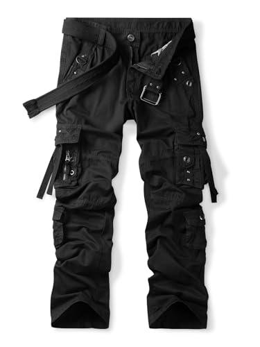 OCHENTA Men's Cotton Casual Baggy Cargo Work Travel Pants with Multi Pockets Relaxed Loose Fit Black, 34