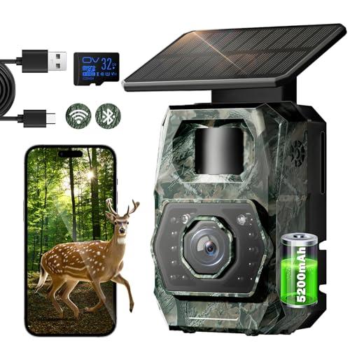 Solar Trail Camera WiFi Bluetooth - Game Cameras with Night Vision Motion Activated Waterproof, Rechargeable Trail Cam with 5200mAh Battery Deer Camera Hunting Wildlife Cameras for Outdoor Backyard